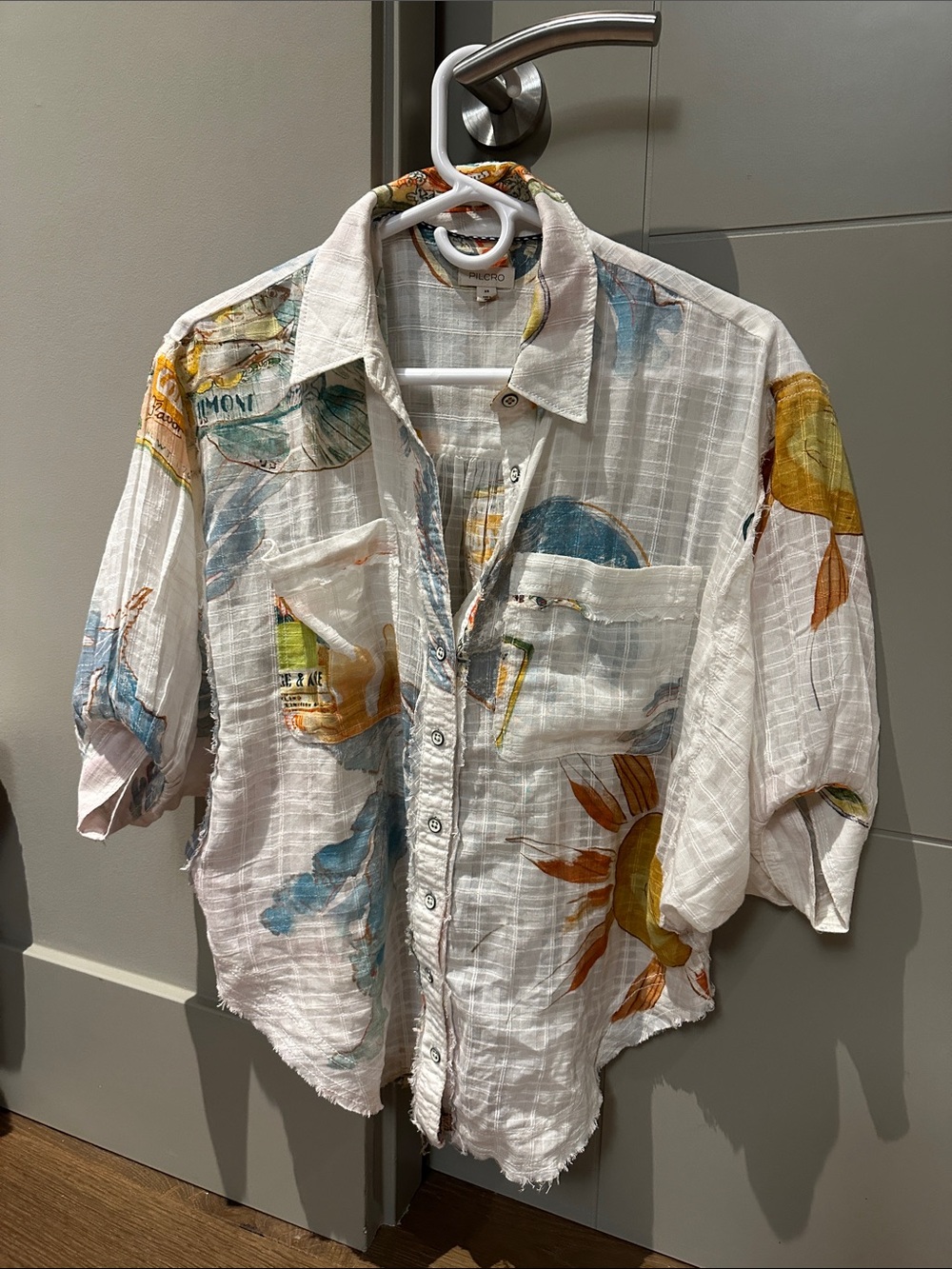 Pilcro White Button-Down Shirt with Yellow & Blue Sun Prints
